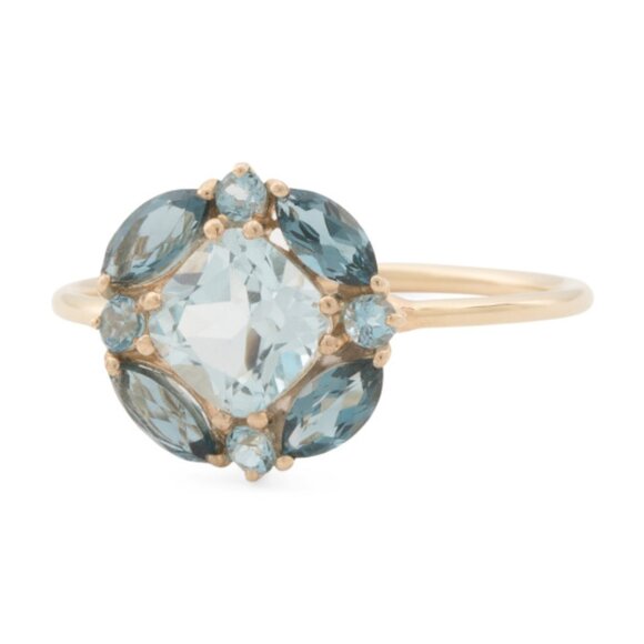 HIRAJULE Made In India 14kt Gold Blue Topaz Fancy Cluster Ring - Picture 1 of 2